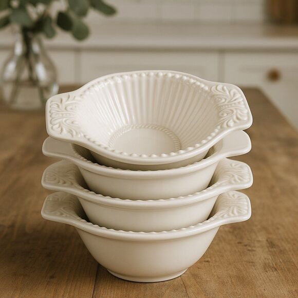 Set of 4 American Atelier baroque White Ceramic Soup/Serving Bowls Replacement - Picture 1 of 4